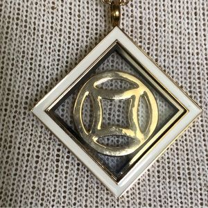 South Hill Gild Tone Necklace Front White Enamel Edge Square Locket w Round Disc